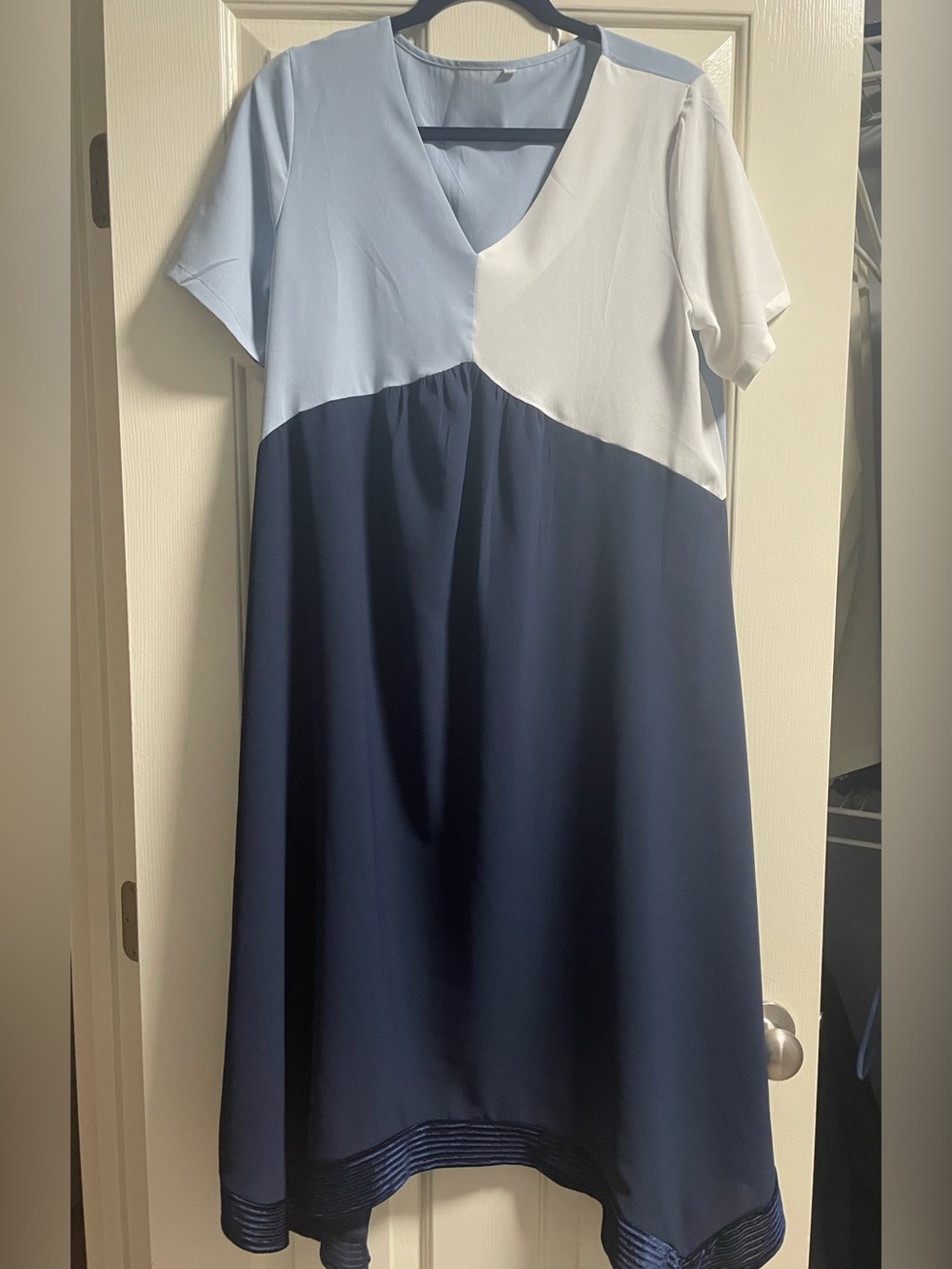 Maternity Colorblock Navy, Light Blue & White V-Neck Dress